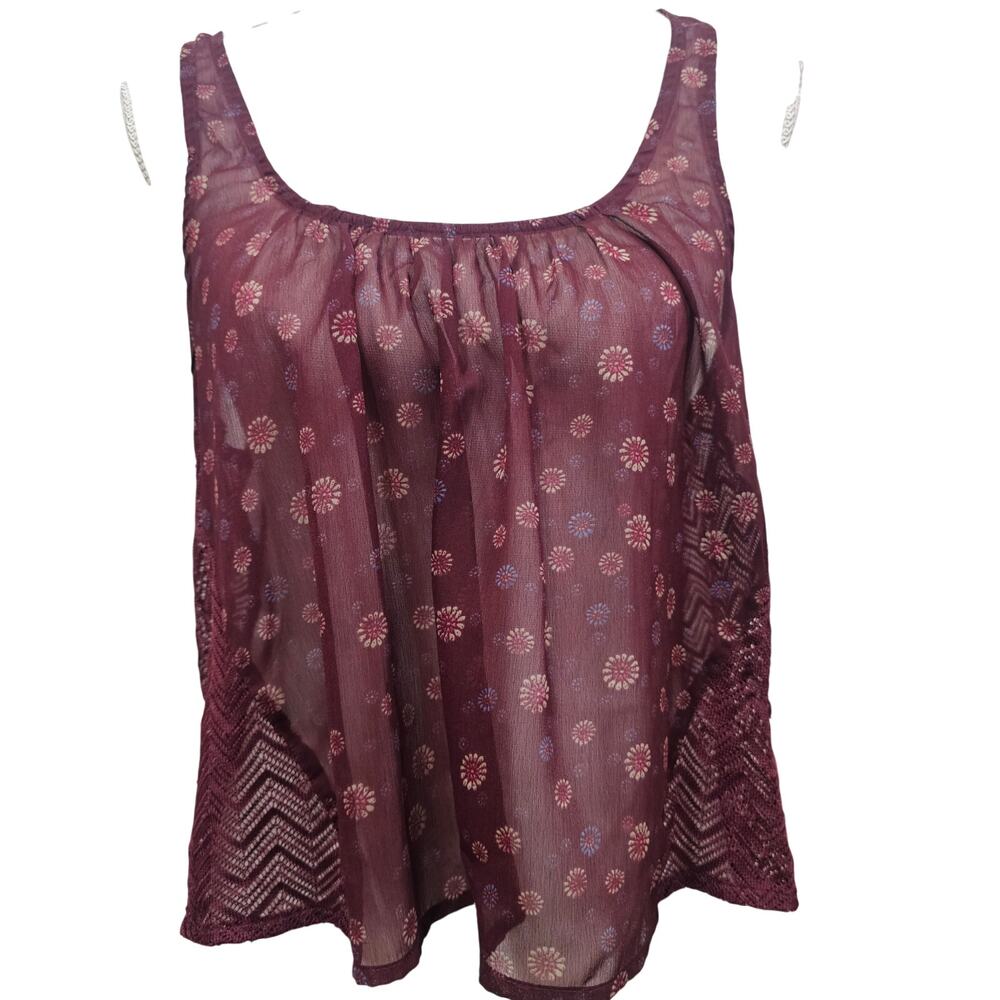 Hollister Sheer Boho Tank Top Burgundy Floral Flowy Size S